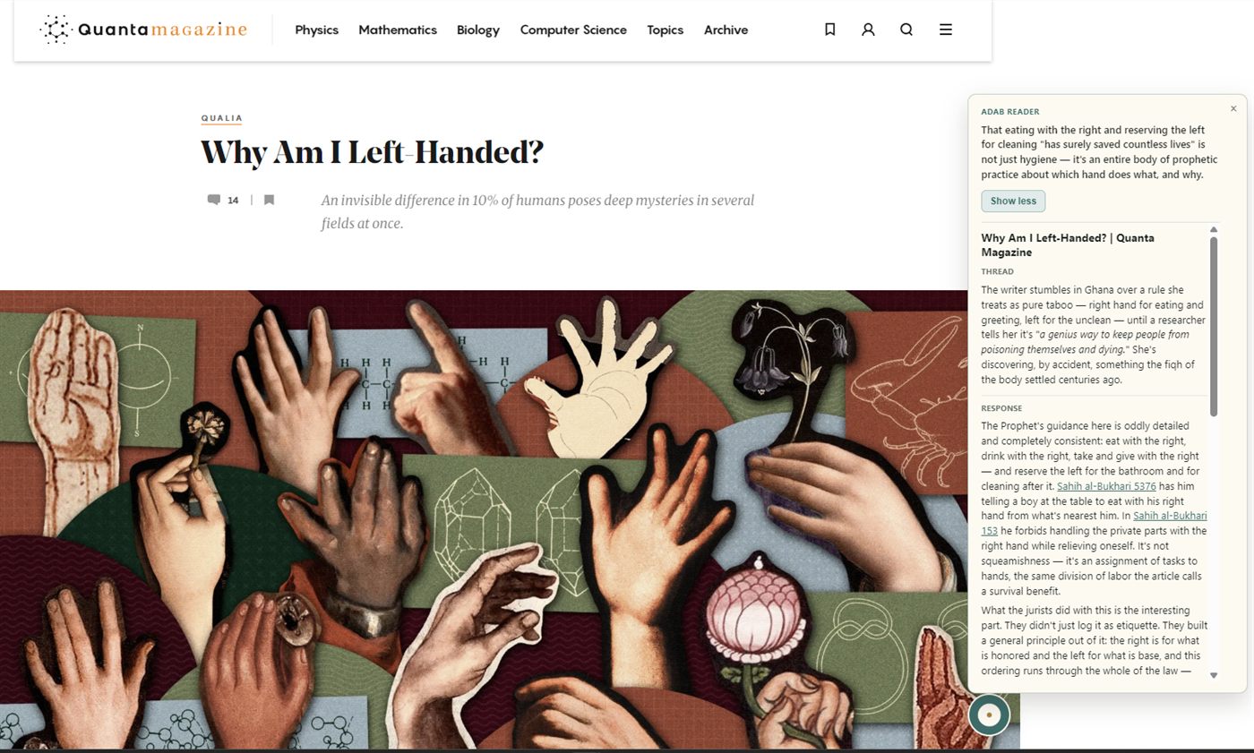 A Quanta Magazine article, Why Am I Left-Handed, with the Adab Reader panel open beside it.