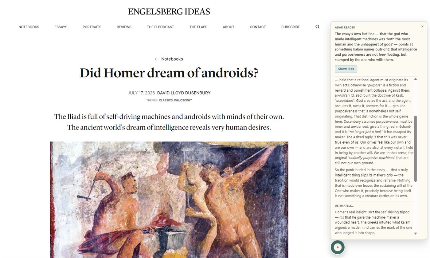 An Engelsberg Ideas essay, Did Homer dream of androids, with the Adab Reader panel open beside it.